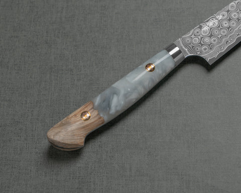 Nigara "Anmon" R2/SG2 49 Layers Kurosome Damascus 135mm Petty with Stabilized Wood / Polished Snow White Acrylic Handle