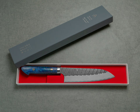 Nigara R2/SG2 Tsuchime Kurouchi 165mm Santoku with Polished Acrylic Blue Devil Handle