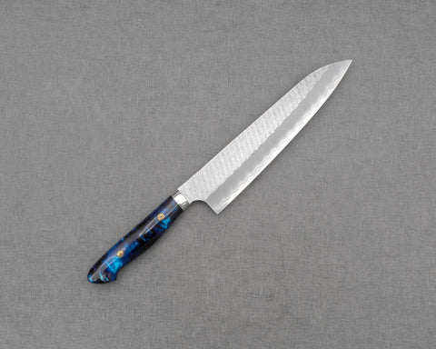 Nigara R2/SG2 Matt Migaki Tsuchime 240mm Gyuto with Polished Azure Sea Acrylic Handle