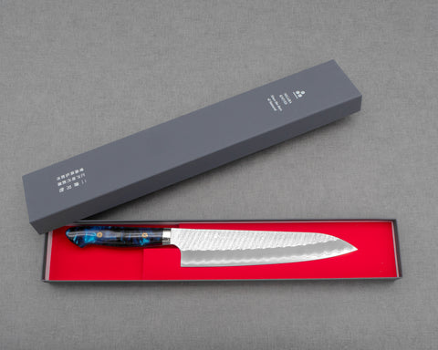 Nigara R2/SG2 Matt Migaki Tsuchime 240mm Gyuto with Polished Azure Sea Acrylic Handle