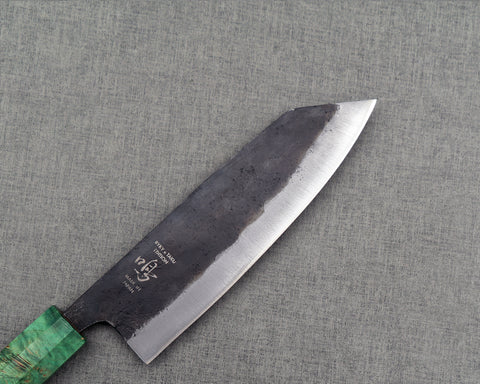 Naru “Hatsukou Series” Ryky x Taku Edition Aogami #2 Kurouchi 165mm Bunka with Emerald Swirl Green Stabilized Wood Handle