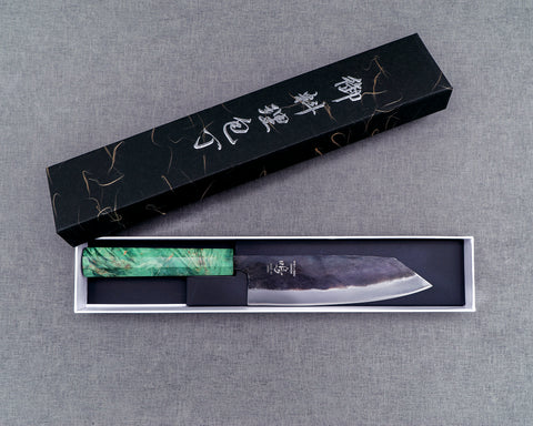 Naru “Hatsukou Series” Ryky x Taku Edition Aogami #2 Kurouchi 165mm Bunka with Emerald Swirl Green Stabilized Wood Handle