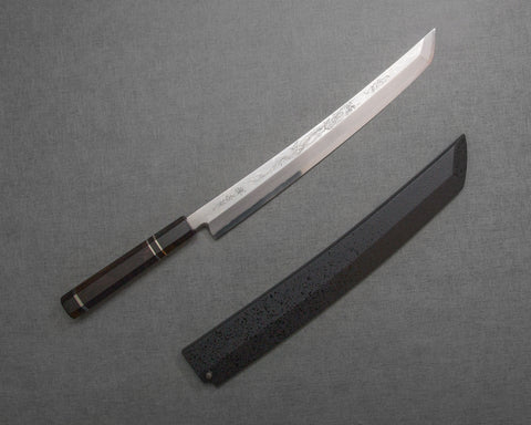 Sakai Takayuki "Zangetsu" Ginsan (Silver #3) Tenryu (Dragon) Engraved Damascus 300mm Sakimaru Takohiki with Ebony Triple-Ginmaki Handle
