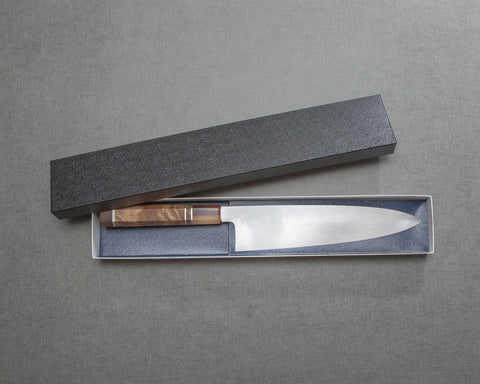 Kenji Togashi Shirogami #2 Mizu-Honyaki Ripple 240mm Gyuto with Camphor Wood Buffalo Horn Handle