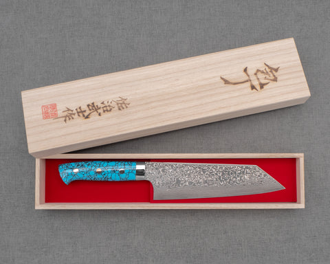 Takeshi Saji R2/SG2 Black Damascus 180mm Bunka with Blue Turquoise Handle