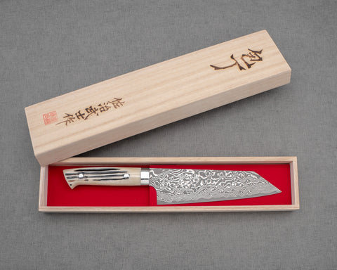 Takeshi Saji R2/SG2 Black Damascus 180mm Bunka with White Stag Bone Handle