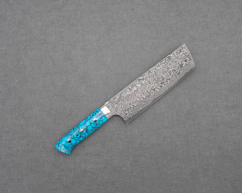 Takeshi Saji R2/SG2 Black Damascus 165mm Nakiri with Blue Turquoise Handle