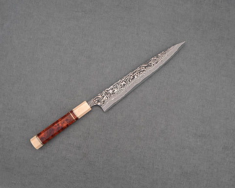Takeshi Saji R2/SG2 Black Damascus 240mm Sujihiki with Ivory / Rosewood Handle