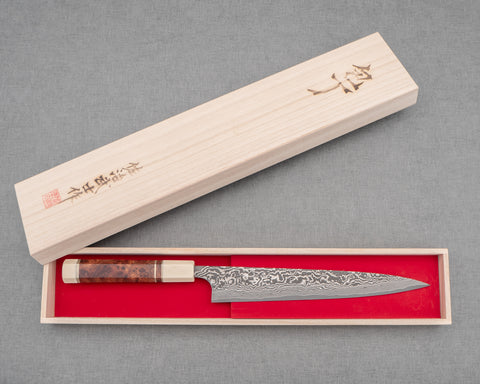 Takeshi Saji R2/SG2 Black Damascus 240mm Sujihiki with Ivory / Rosewood Handle