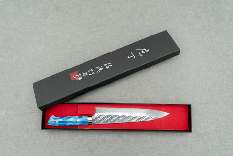 Takeshi Saji STRIX Mirror Tsuchime 210mm Gyuto with Sea Wave Acrylic Handle