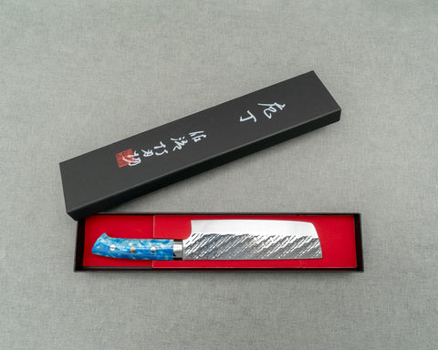 Takeshi Saji STRIX Mirror Tsuchime 160mm Nakiri with Sea Wave Acrylic Handle