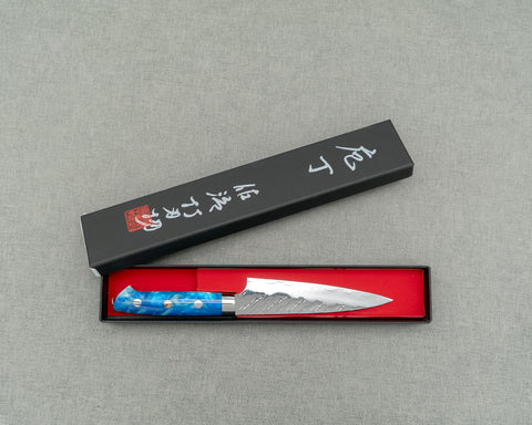 Takeshi Saji STRIX Mirror Tsuchime 130mm Petty with Sea Wave Acrylic Handle