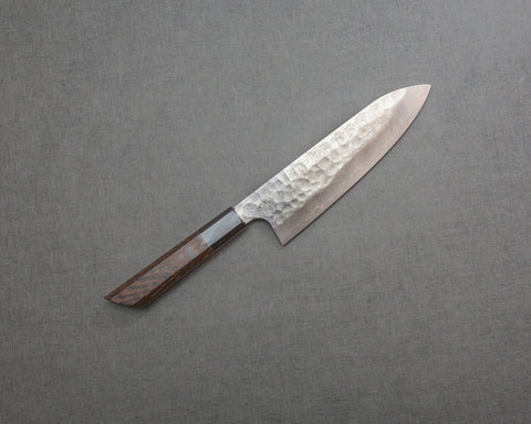 Hatsukokoro / Yoshihiro Yauji Ginsan (Silver #3) Damascus Tsuchime 180mm Santoku with Wenge Buffalo Horn Handle