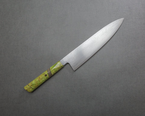 Shoichi Hashimoto Aogami #2 / Shirogami #2 Damascus 240mm Gyuto with Lime Green Handle