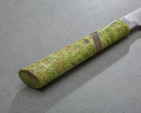 Shoichi Hashimoto Aogami #2 / Shirogami #2 Damascus 240mm Gyuto with Lime Green Handle