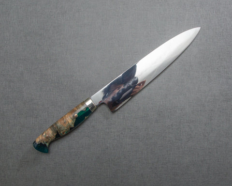 Yoshikazu Ikeda Mizu-Honyaki Shirogami #1 Ripple Mirror 240mm Gyuto with Stabilized Wood / Polished Emerald Acrylic Handle