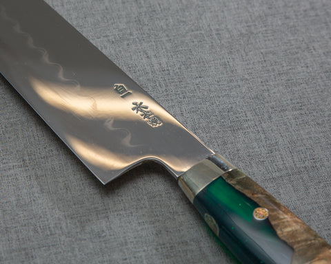 Yoshikazu Ikeda Mizu-Honyaki Shirogami #1 Ripple Mirror 240mm Gyuto with Stabilized Wood / Polished Emerald Acrylic Handle