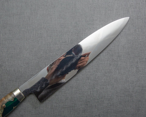 Yoshikazu Ikeda Mizu-Honyaki Shirogami #1 Ripple Mirror 240mm Gyuto with Stabilized Wood / Polished Emerald Acrylic Handle