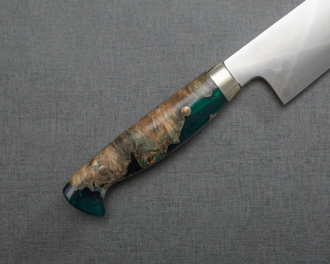 Yoshikazu Ikeda Mizu-Honyaki Shirogami #1 Ripple Mirror 240mm Gyuto with Stabilized Wood / Polished Emerald Acrylic Handle