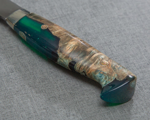 Yoshikazu Ikeda Mizu-Honyaki Shirogami #1 Ripple Mirror 240mm Gyuto with Stabilized Wood / Polished Emerald Acrylic Handle