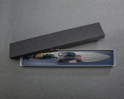 Yoshikazu Ikeda Mizu-Honyaki Shirogami #1 Ripple Mirror 240mm Gyuto with Stabilized Wood / Polished Emerald Acrylic Handle