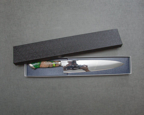 Yoshikazu Ikeda / Sakai Hokushin Honyaki Shirogami #3 Ripple Mirror 240mm Gyuto with Stabilized Wood / Polished Lime Green Acrylic Handle