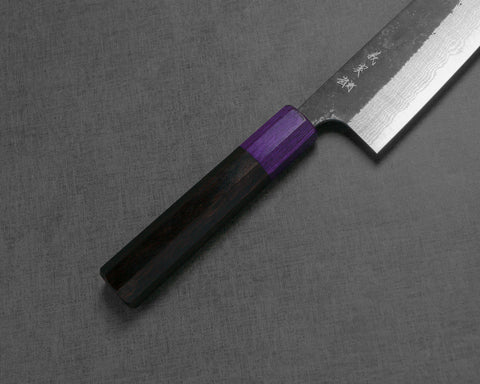 Yoshimi Kato Aogami Super Nashiji Kurouchi 180mm Santoku with Violet Pakkawood Handle