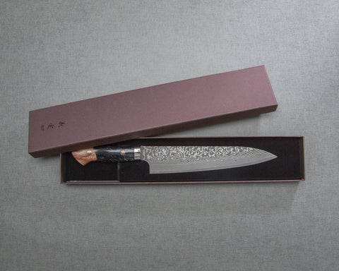 Yoshimi Kato R2/SG2 Black Damascus 210mm Gyuto with Stabilized Wood / Polished Lazulite Acrylic Handle
