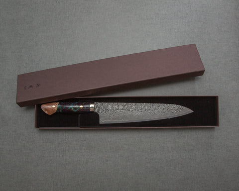 Yoshimi Kato R2/SG2 Black Damascus 240mm Gyuto with Stabilized Wood / Polished Azurite Malachite Acrylic Handle