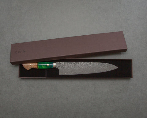 Yoshimi Kato R2/SG2 Black Damascus 240mm Gyuto with Stabilized Wood / Polished Emerald Acrylic Handle