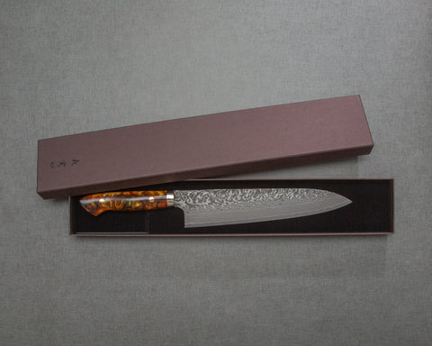 Yoshimi Kato R2/SG2 Black Damascus 240mm Gyuto with Polished Flowing Amber Acrylic Handle