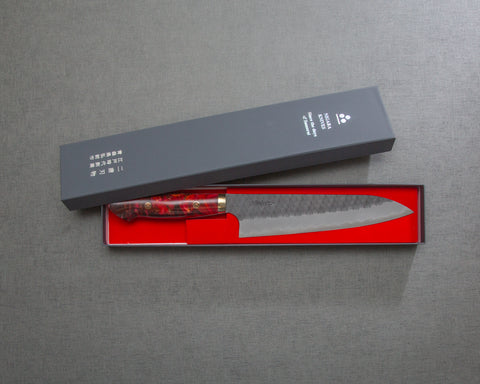 Nigara R2/SG2 Tsuchime Kurouchi 210mm Gyuto with Polished Red Lava Acrylic Handle