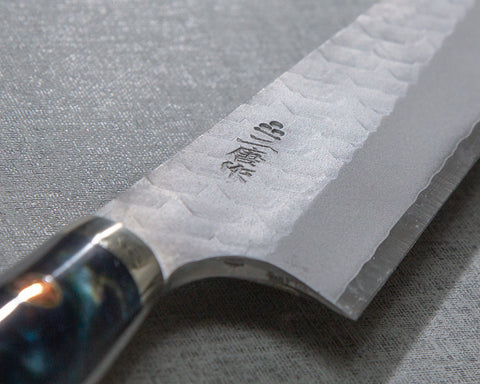 Nigara R2/SG2 Matt Migaki Tsuchime 135mm Honesuki with Polished Twilight Blue Acrylic Handle