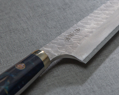 Nigara R2/SG2 Matt Migaki Tsuchime 135mm Honesuki with Polished Twilight Blue Acrylic Handle