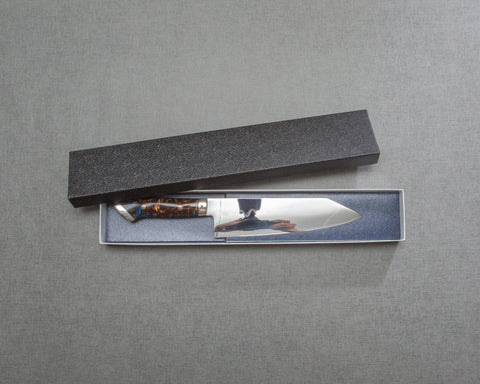 Kenji Togashi Shirogami #2 Mizu-Honyaki Mirror Ripple 180mm Bunka with Polished Twilight Blue and Bronzite Acrylic Handle