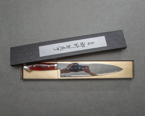 Kenji Togashi Shirogami #2 Mizu-Honyaki 鏡子波紋 240 mm Gyuto 搭配拋光紅寶石壓克力手柄