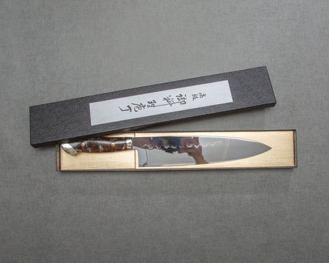 Kenji Togashi Shirogami #2 Mizu-Honyaki Mirror Ripple 240mm Gyuto with Polished Tigereye Acrylic Handle