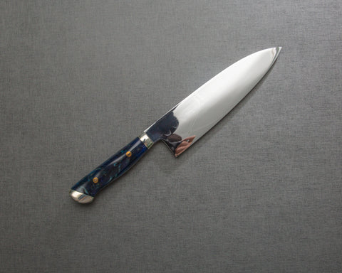 Kenji Togashi Shirogami #2 Mizu-Honyaki Mirror Ripple 180mm Santoku with Polished Navy Acrylic Handle