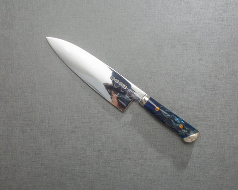 Kenji Togashi Shirogami #2 Mizu-Honyaki Mirror Ripple 180mm Santoku with Polished Navy Acrylic Handle