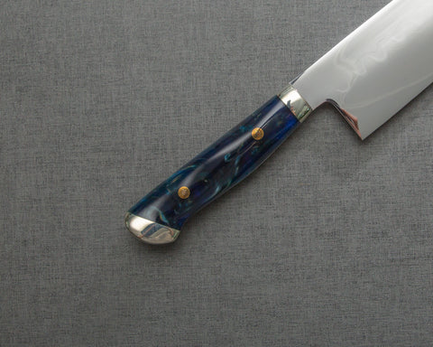 Kenji Togashi Shirogami #2 Mizu-Honyaki Mirror Ripple 180mm Santoku with Polished Navy Acrylic Handle