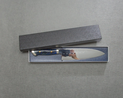 Kenji Togashi Shirogami #2 Mizu-Honyaki Mirror Ripple 180mm Santoku with Polished Navy Acrylic Handle