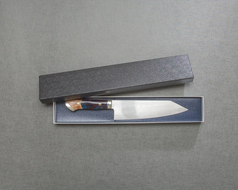 Kenji Togashi Shirogami#2 Mizu-Honyaki Ripple 180mm Bunka with Stabilized Wood / Polished Dusk Acrylic Handle
