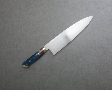 Kenji Togashi Shirogami #2 Mizu-Honyaki Ripple 210mm Gyuto 搭配穩定木材/拋光海洋藍色壓克力手柄