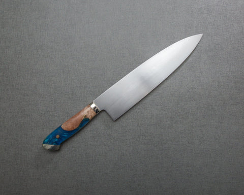 Kenji Togashi Shirogami #2 Mizu-Honyaki Ripple 240mm Gyuto with Stabilized Wood / Polished Ocean Blue Acrylic Handle