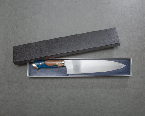 Kenji Togashi Shirogami #2 Mizu-Honyaki Ripple 240mm Gyuto with Stabilized Wood / Polished Ocean Blue Acrylic Handle