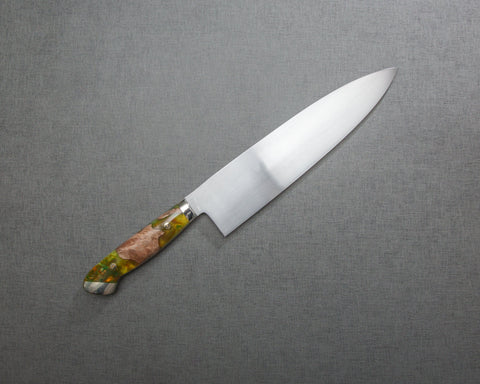 Kenji Togashi Shirogami #2 Mizu-Honyaki Ripple 240mm Gyuto with Stabilized Wood / Polished Olive Green Acrylic Handle