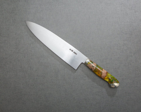 Kenji Togashi Shirogami #2 Mizu-Honyaki Ripple 240mm Gyuto with Stabilized Wood / Polished Olive Green Acrylic Handle