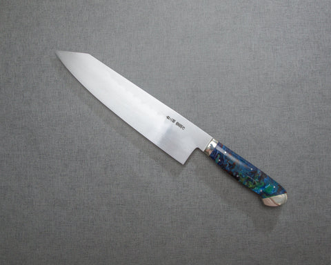 Kenji Togashi Shirogami #2 Mizu-Honyaki Ripple 240mm Kiritsuke Gyuto with Polished Flowing Blue River Acrylic Handle