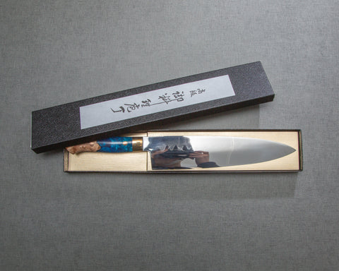 Kenji Togashi Shirogami #2 Mizu-Honyaki 鏡面波紋 240 mm Gyuto 搭配穩定木材/拋光海藍色壓克力手柄
