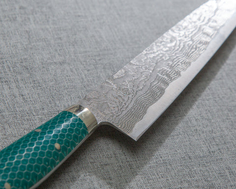 Shigeki Tanaka R2/SG2 Kurosome Damascus 135mm Petty with Pine Green Patterned Handle